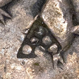 Unknown symbol with 6 dots in a triangle. Not uncommon to see this symbol on Mexican 8 reales amongst other small chopmarks.
