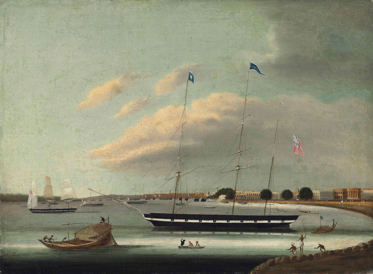 The opium clipper Waterwitch at anchor in the Hooghly River, Calcutta, Chinese School, c.1840