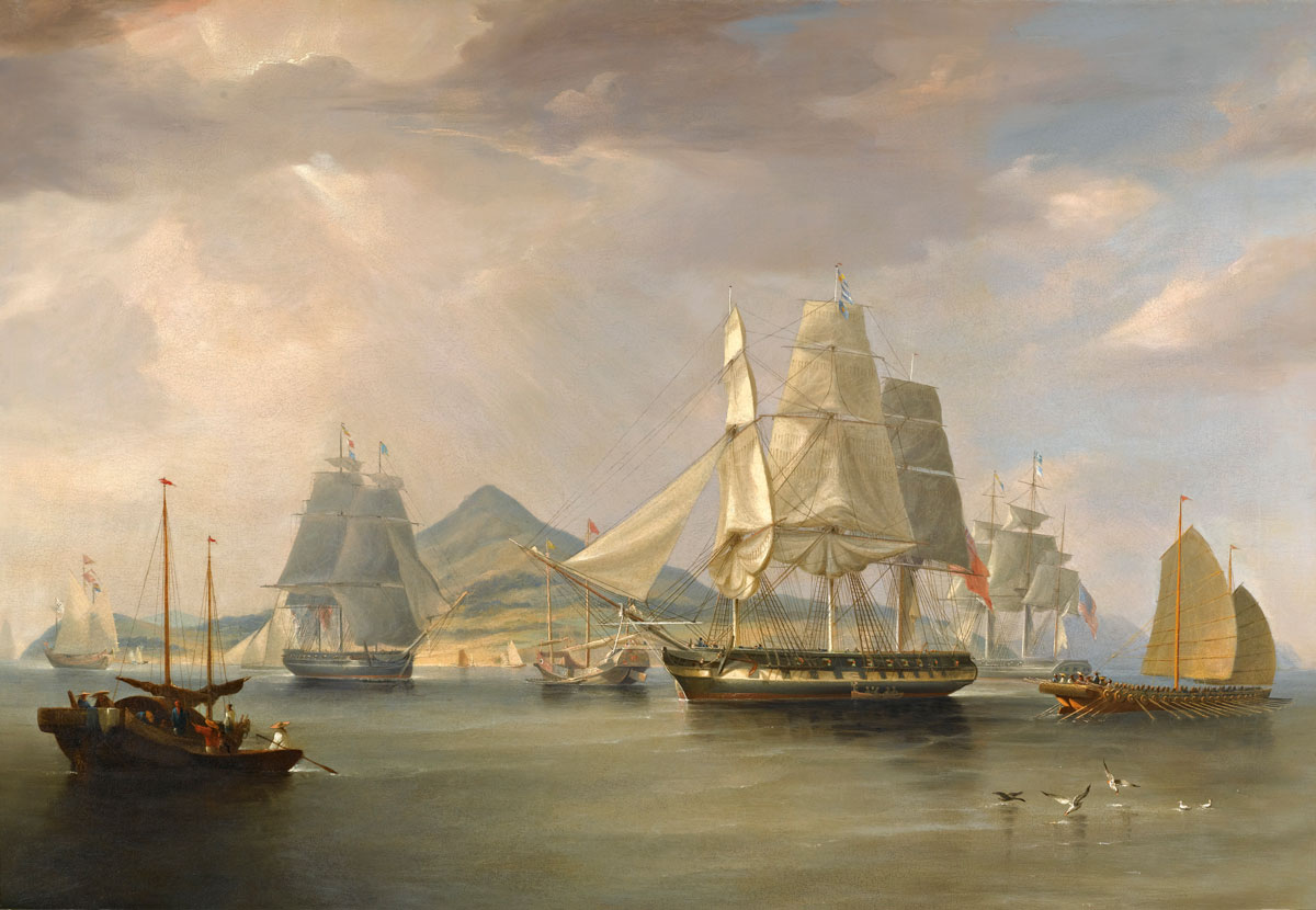 The opium ships at Lintin, William John Huggins, 1824 (fast crab boat pictured right)